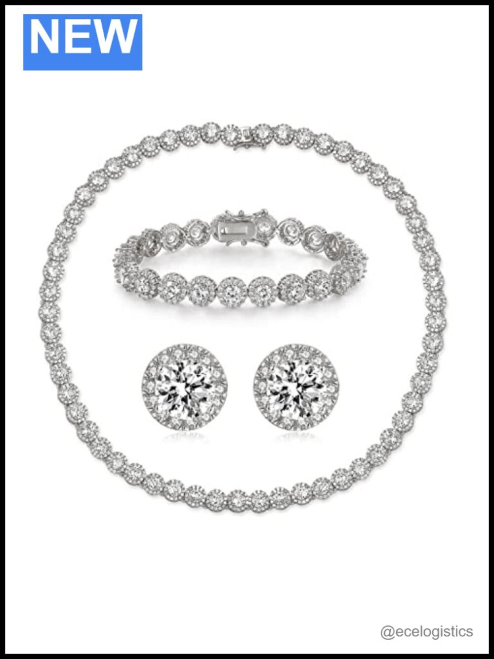 18K White Gold Plated Cubic Zirconia Tennis Necklace Bracelet Earrings Set